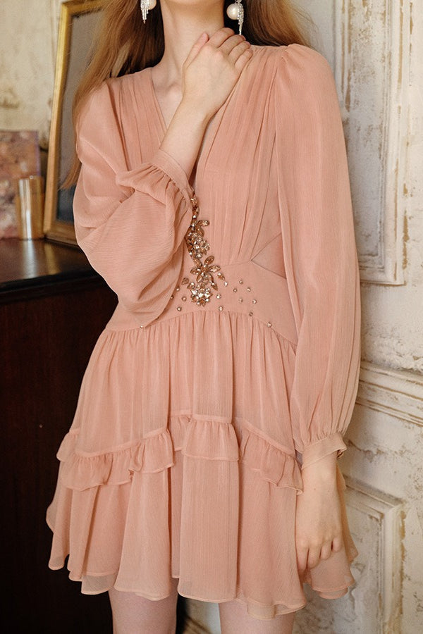 Crystal Floral Embellished Deep V Bishop Sleeve Tiered Ruffle Mini Dress