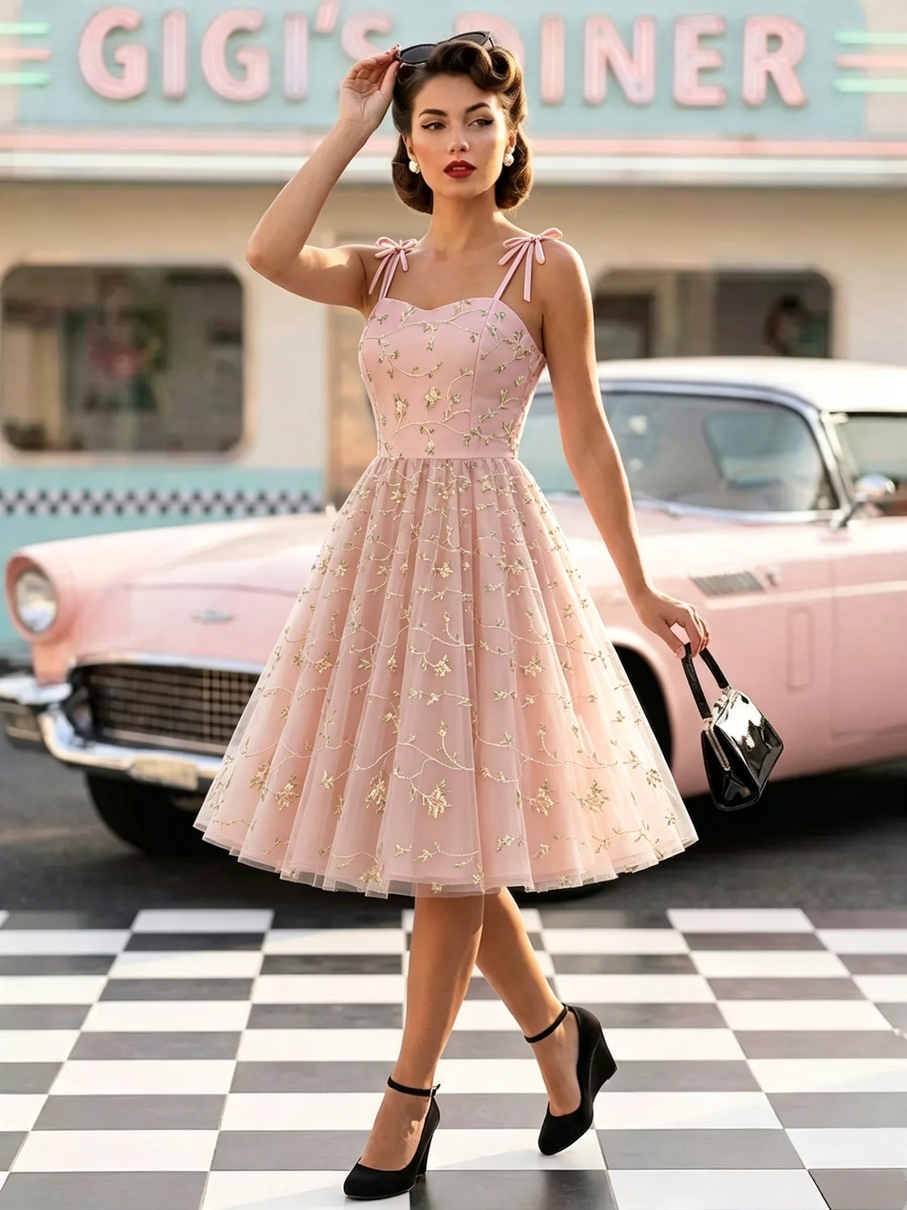 Vintage 1950s Floral Prom Dress For Women - Embroidery Mesh Tie-Shoulder A-Line Swing Midi Dress - Summer Cocktail 2026