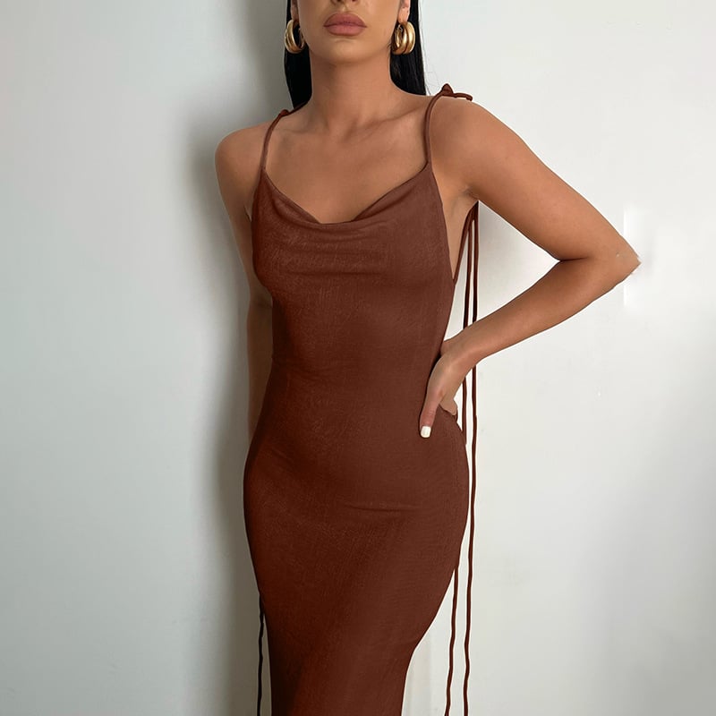Rib Knit Tie Strap Cowl Back Side Cutout Column Maxi Dress