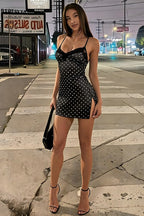 Black Spaghetti Strap Sweetheart Neck Lace Trim Polka Dot Side Slit Mini Dress