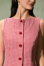 Retro Plaid Print Sleeveless Round Neck Button Casual Mini Dress
