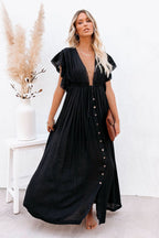 Deep V Neck Ruffle Sleeve Drawstring Waist Button Front Pocket Maxi Dress