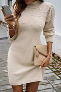 | High neck bodycon sweater dress in neutral with beads and pearls