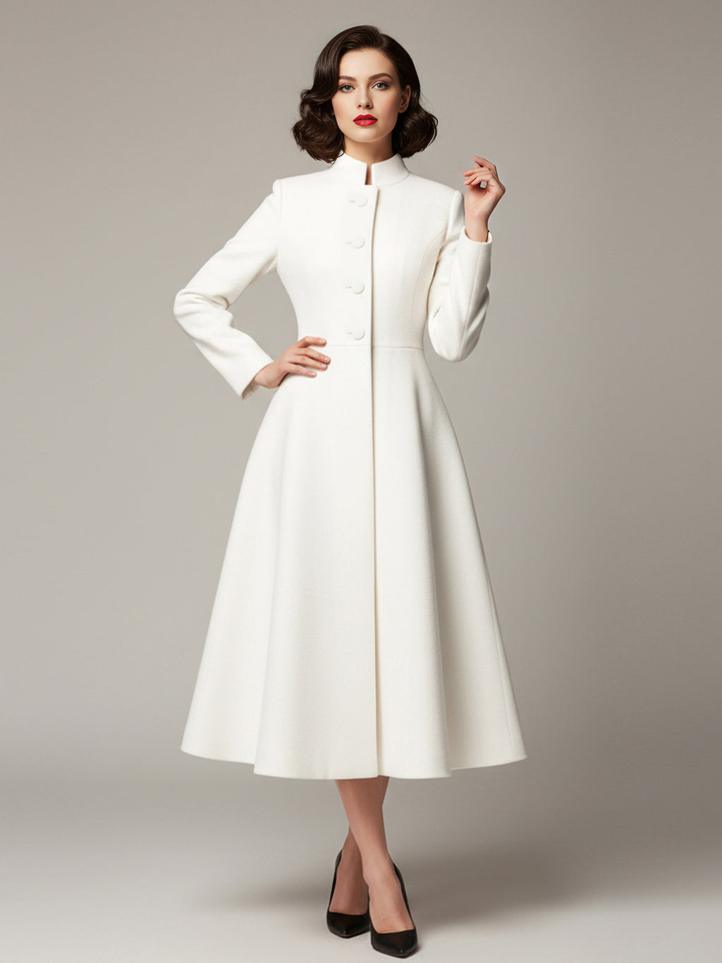 Vintage Stand-Collar A-line Woolen Flared Coat In White For Women 2026