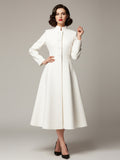 Vintage Stand-Collar A-line Woolen Flared Coat In White For Women 2026