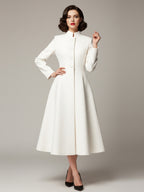 Vintage Stand-Collar A-line Woolen Flared Coat In White For Women 2026