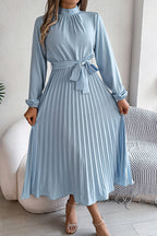 Mock Neck Lantern Sleeve Belted Pleated A-Line Midi Dress