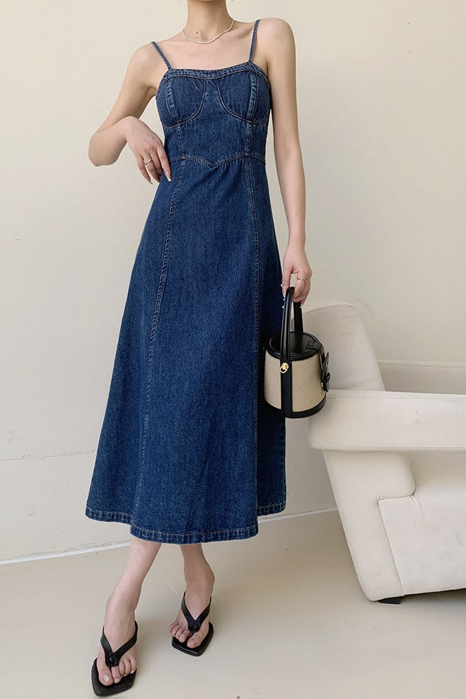 Denim Bustier Spaghetti Strap Panel Seam A-Line Midi Dress