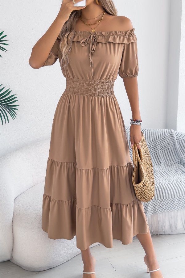 Stylish Off-shoulder Short-sleeved Pleated Waist Casual Midi Dress