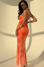Orange Spaghetti Strap Square Neck Floral Print Mesh Overlay Side Slit Maxi Dress