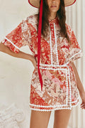 Floral Print Collared Short-sleeved Loose-fitting Shirt and Casual Floral Trim Mini Skirt Set