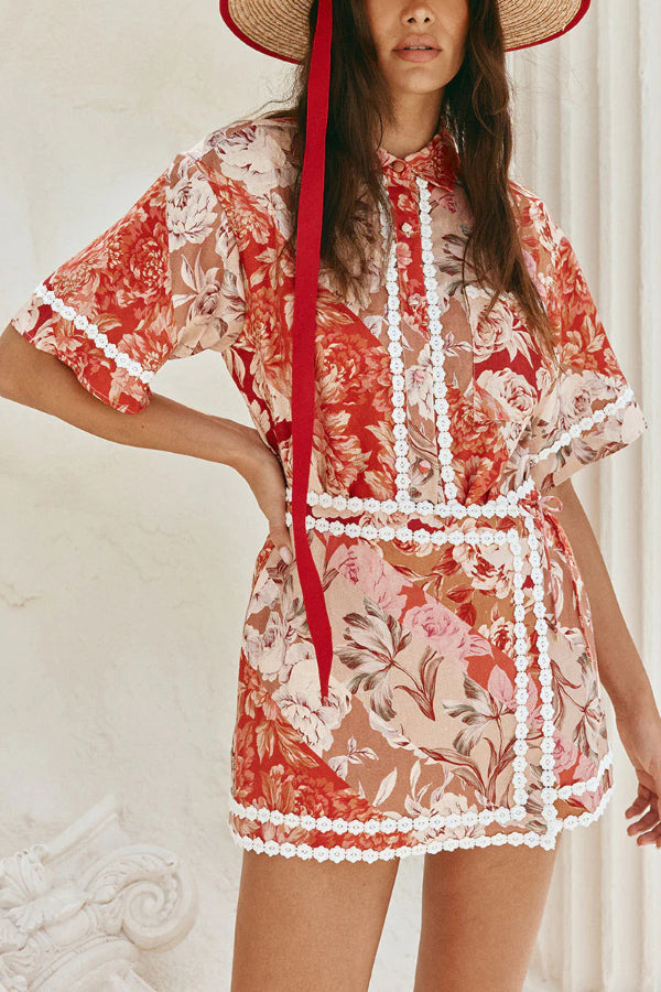 Floral Print Collared Short-sleeved Loose-fitting Shirt and Casual Floral Trim Mini Skirt Set