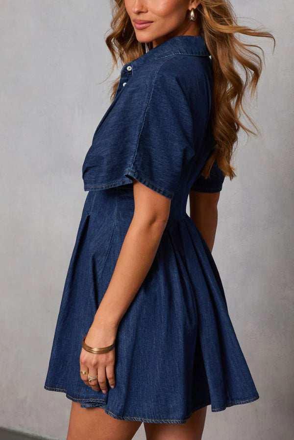 Stylish Collared Short-sleeved Fitted Waist Button-down Casual Mini Dress