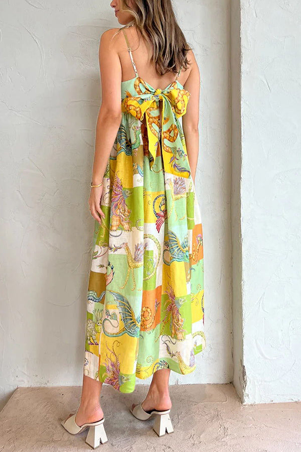 Dragon Print Patchwork Grid Empire Waist Pocketed Maxi Dress