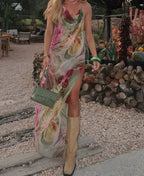 Halter Cowl Neck Beaded Outline Floral Print Sheer Maxi Dress