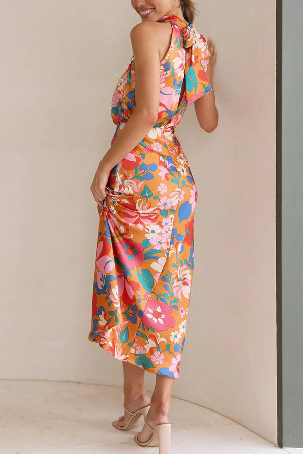 Cowl Neck Sleeveless Floral Print Satin Bias Cut Midi Dress