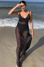 Sheer Mesh Polka Dot Spaghetti Strap Bodycon Maxi Dress