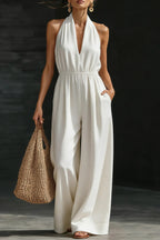 Solid Color V-neck Sleeveless Backless Casual Pocket Loose Wide-leg Jumpsuit