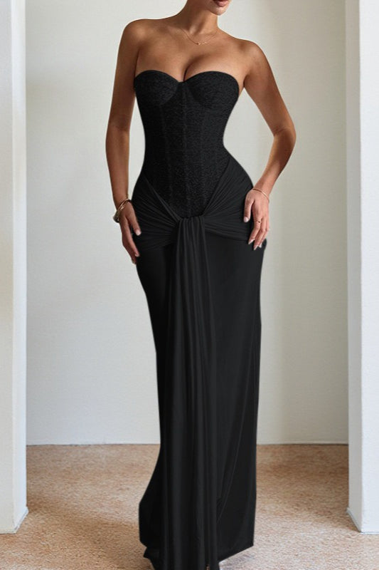 Sequin Strapless Corset Sweetheart Draped Knot Waist Formal Maxi Gown