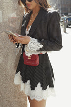 Pinstripe Lace Trim Cropped Blazer and Mini Skirt Two Piece Set