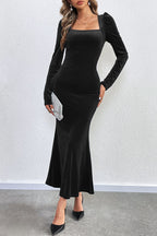 Velvet Square Neck Puff Shoulder Mermaid Hem Maxi Dress