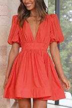Deep V-Neck Puff Sleeve Smocked Waist Fit and Flare Mini Dress