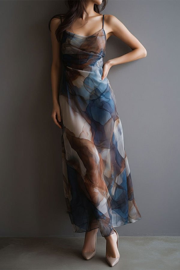Monet's Dream Abstract Watercolor Cowl Neck Maxi Dress