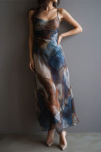 Monet's Dream Abstract Watercolor Cowl Neck Maxi Dress