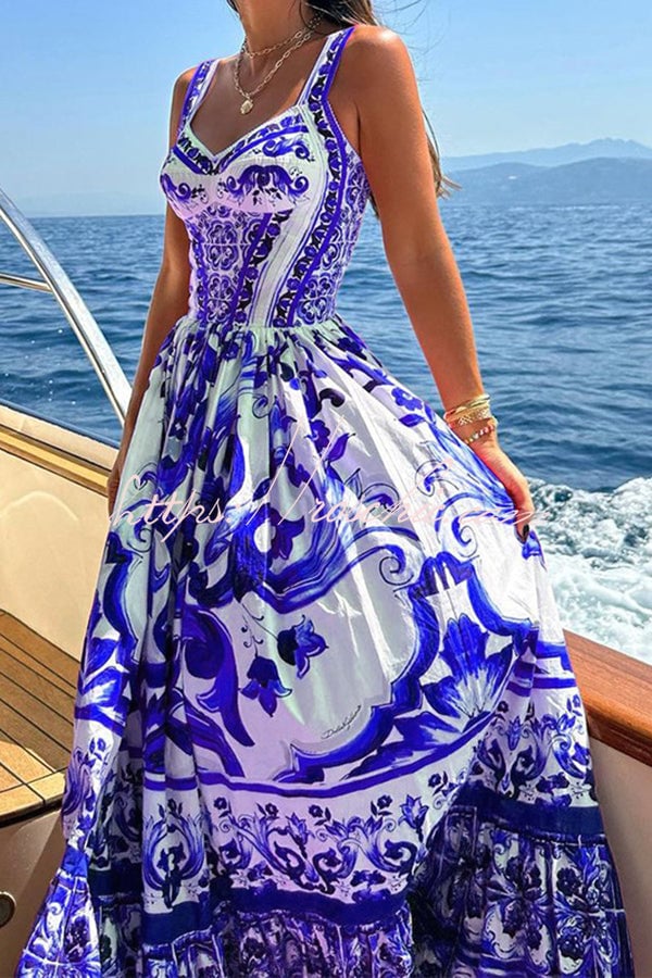 Tile Print Corset Bodice Tiered Ruffle Maxi Dress