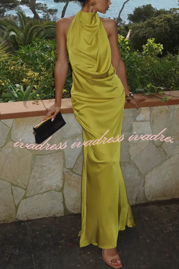 Elegant and Refined Satin Halter Draped Neck Backless Maxi Dress