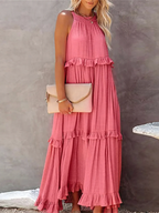 High Neck Smocked Halter Sleeveless Tiered Ruffle Maxi Dress