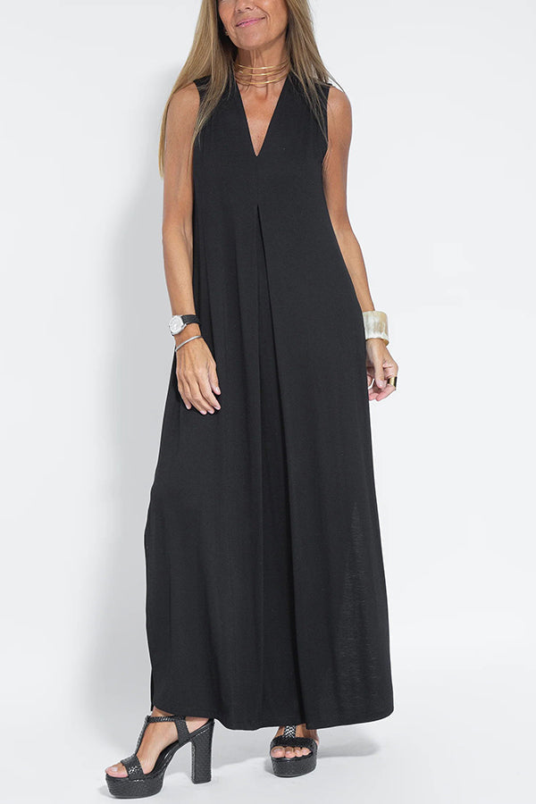 Deep V-Neck Center Pleat Sleeveless Flowy Maxi Dress