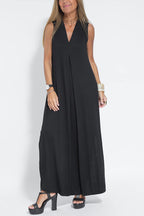 Deep V-Neck Center Pleat Sleeveless Flowy Maxi Dress