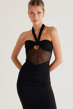 Halter Neck Knot Front Keyhole Cutout Mesh Panel Ruched Bodycon Maxi Dress