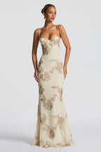 Floral Lace Applique Sweetheart Spaghetti Strap Mermaid Maxi Gown