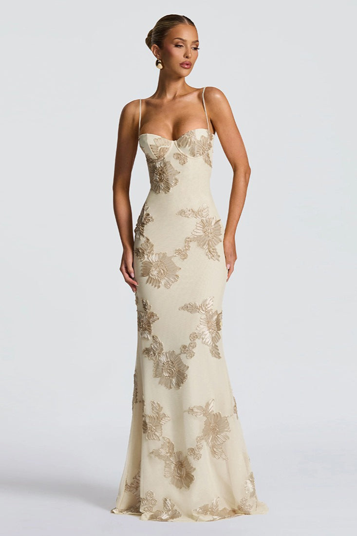 Floral Lace Applique Sweetheart Spaghetti Strap Mermaid Maxi Gown