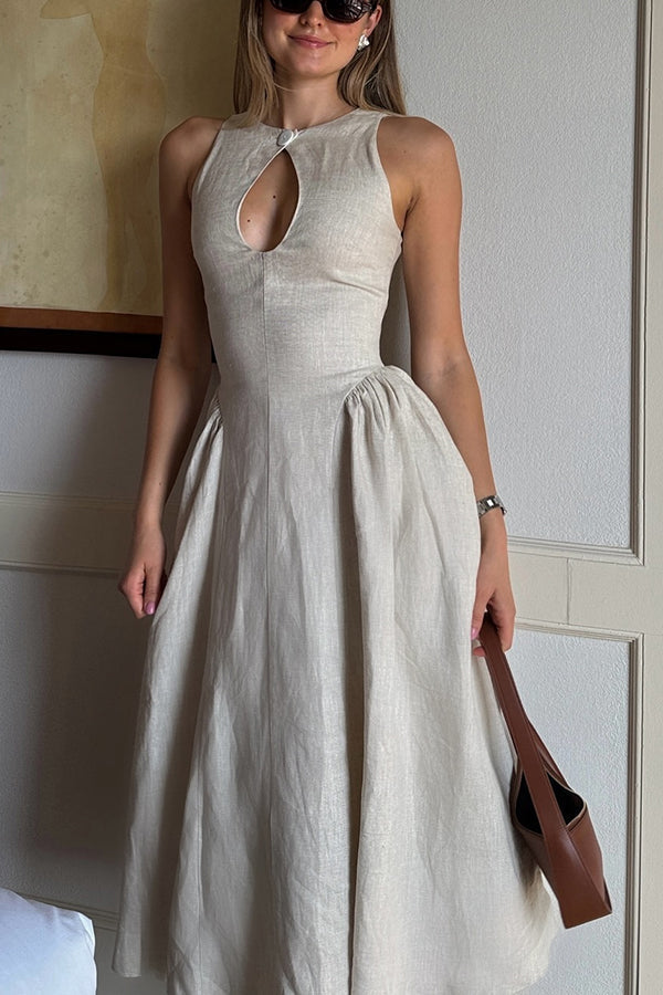 Linen Blend Button Neck Keyhole Cut Out Umbrella Hem A-Line Midi Dress