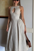 Linen Blend Button Neck Keyhole Cut Out Umbrella Hem A-Line Midi Dress