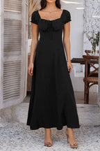 Off Shoulder Puff Sleeve Tie Front Corset Bodice A Line Midi Dress