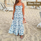Floral Print Smocked Bodice Spaghetti Strap Tiered Maxi Dress