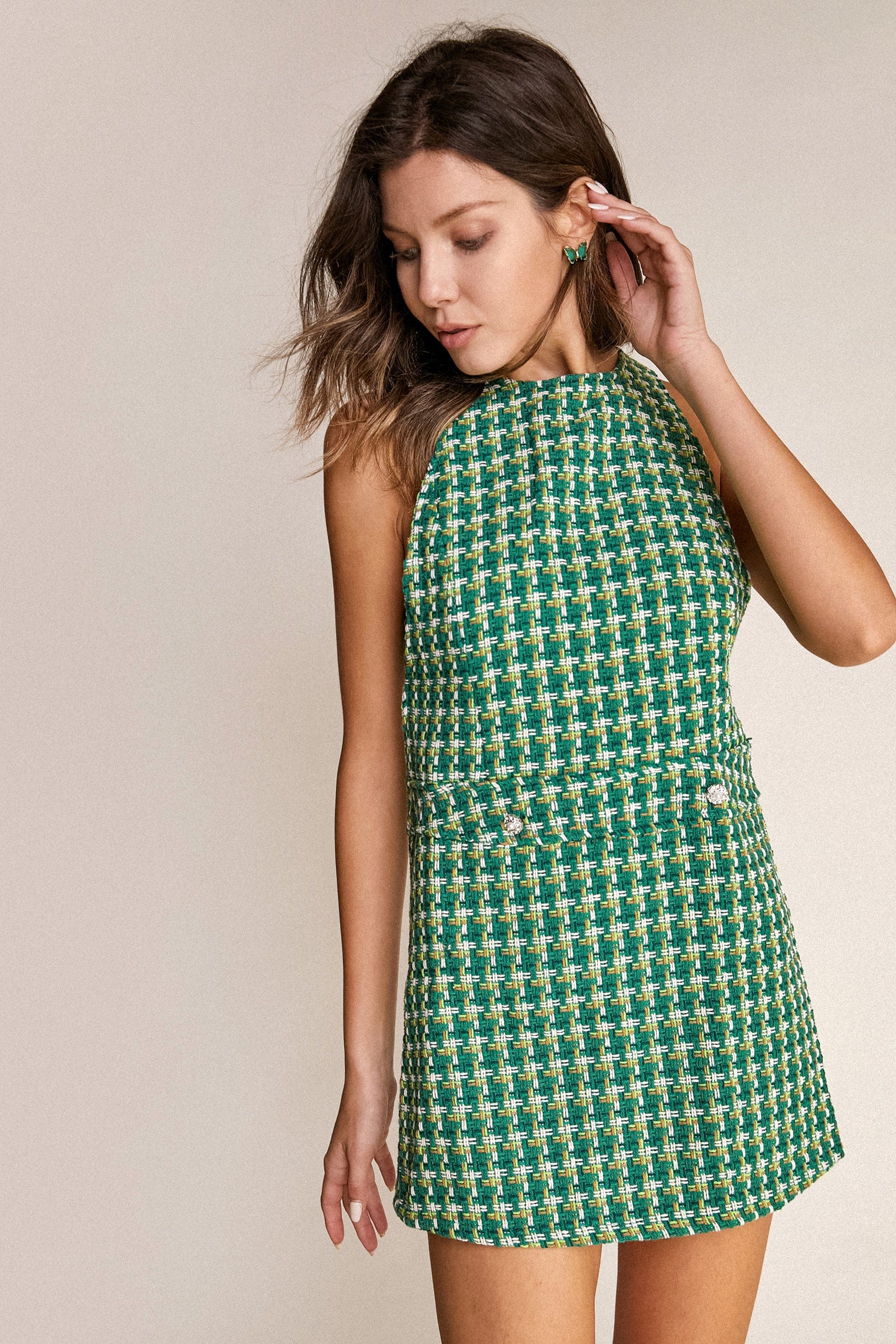 Tweed Boucle Check Sleeveless Crew Neck Mini Dress