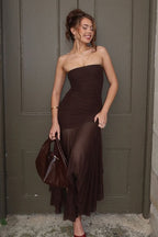 Sheer Mesh Ruched Strapless Party Dress