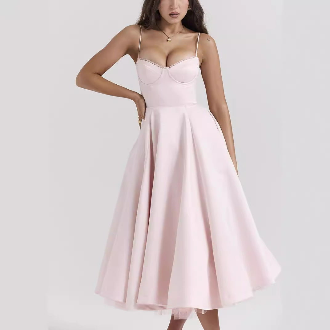 Sweetheart Bustier Lace Trim Satin Fit and Flare Midi Dress