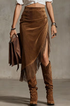 Fashionable Suede Tassel Irregular Casual Midi Skirt