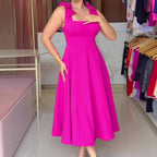 Bow Shoulder Square Neck High Waist Pleated A-Line Midi Dress