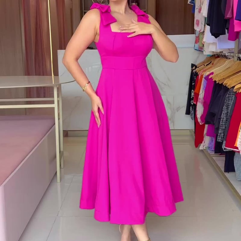 Bow Shoulder Square Neck High Waist Pleated A-Line Midi Dress