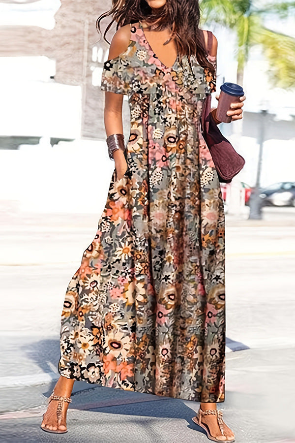 Botanical Print Cold Shoulder V-Neck Pocket Tiered Maxi Dress