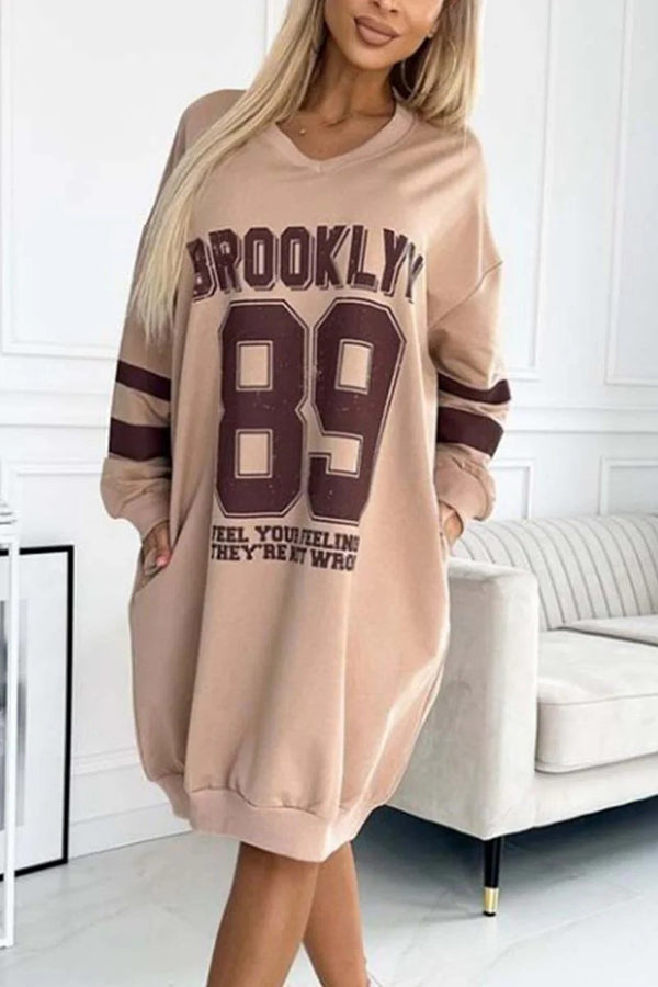 Brooklyn 89 Graphic Stripe Sleeve Oversized Sweatshirt Mini Dress