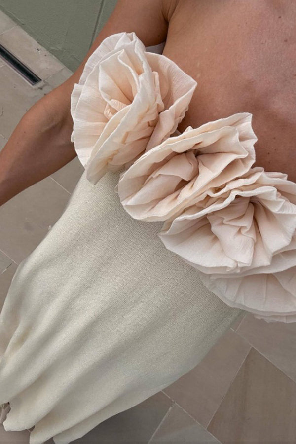 Strapless 3D Floral Rosette Applique Column Maxi Dress