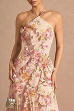 Dream Ode Lily Pad Style Pleats and Ruffles Halter Gown Maxi Dress
